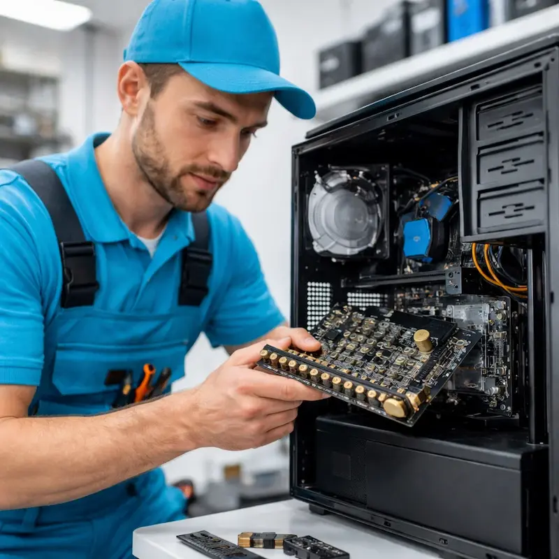 Мастер устанавливает звуковую карту на ПК в посёлке Коммунар